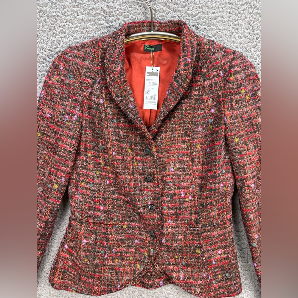 Stile Benetton Blazer Womens 6 US Multicolor Smart 4-Button Red Orange Black NWT